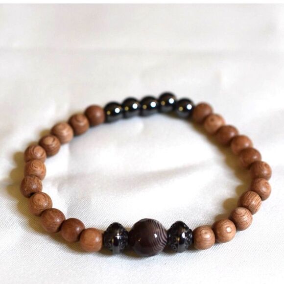 Source Unknown Jewelry - Intriguing Healing Wood Beads/ Agate Center/Black Hematite 6.5" Unisex Bracelet